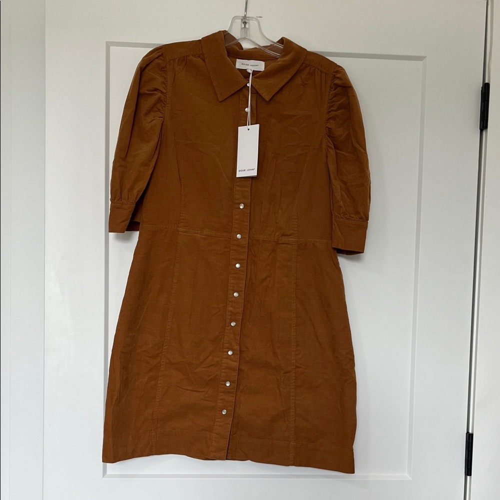 Dear John Puff Shoulder Button Down Dress Dark Tan – Size Large – NWT